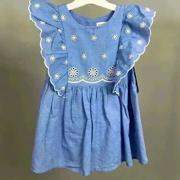 Girls' Chambray Lace Dress Blue W/White Floral Embroidery Toddler - Picture 1 of 6